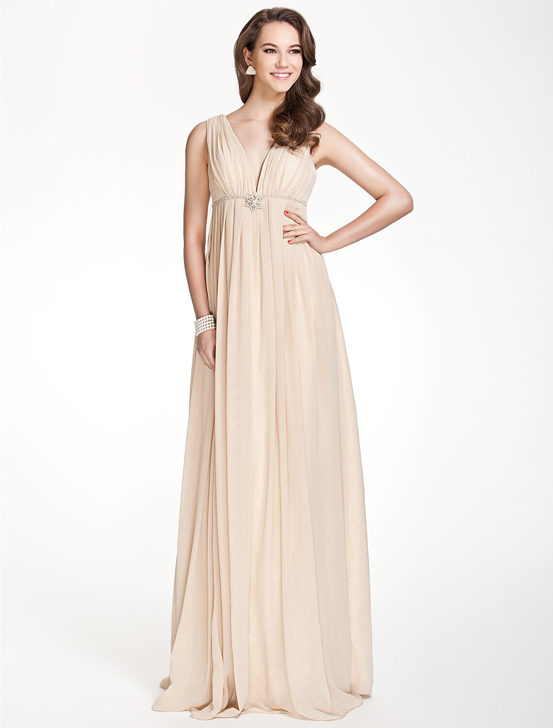 Wholesale A-Line Bridesmaid Dress V Neck Sleeveless Beautiful Back Floor Length Chiffon with Pleats / Beading / Draping